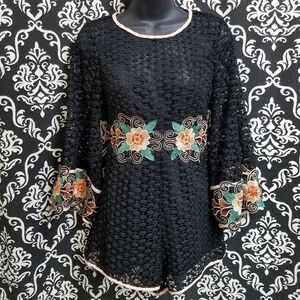 MESH NET BLACK SOLARIS STYLE CROCHET EMBROIDERED ROMPER JUMPER ROSES
